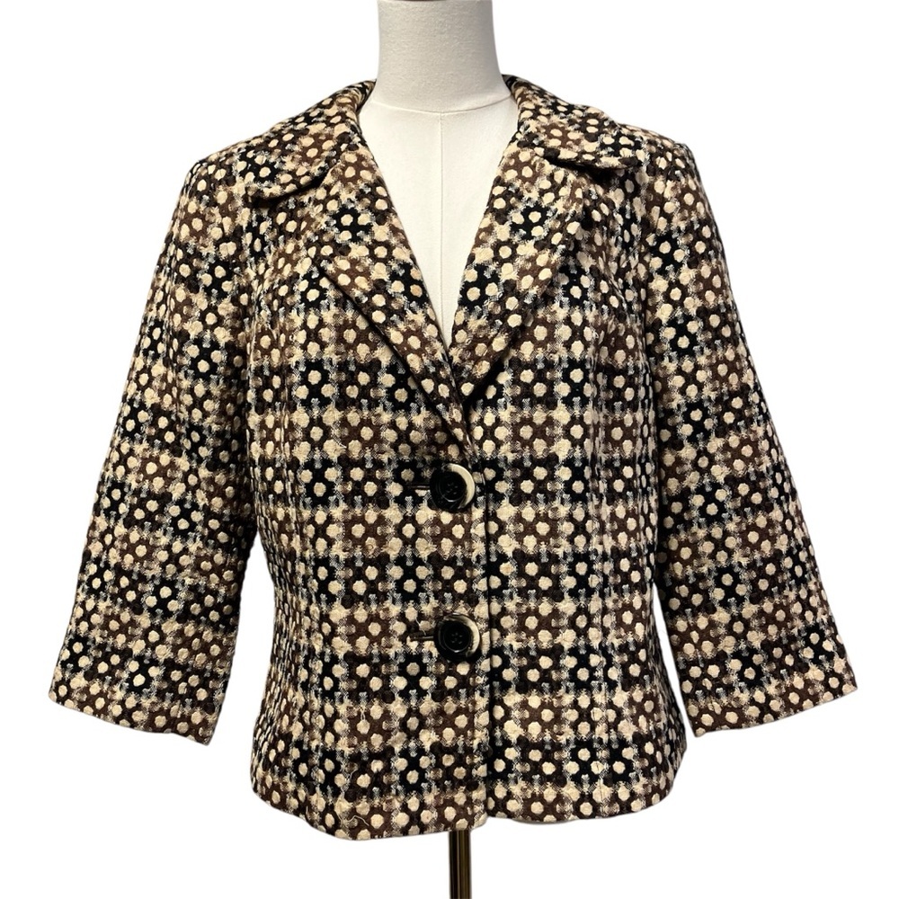 Sigrid Olsen Wool Blazer Lined geometric Plaid Black Brown‎ Preppy Secretary L